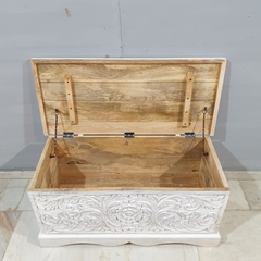 Medium Handcrafted Carved Indian Furniture Handmade Solid Wood Blanket Box in Whitewash 110x50x50cm