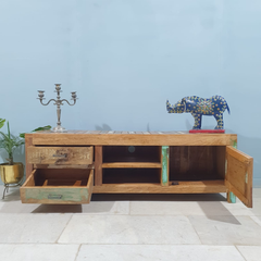 Handmade Indian Furniture Reclaimed Solid Wood Carved TV Unit With Drawers