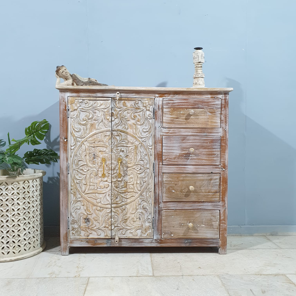 Handmade Indian Furniture Solid Hard Wood Sideboard With Drawers & Doors