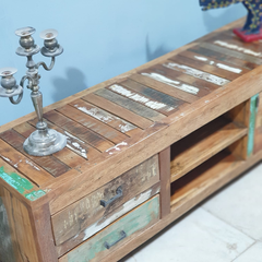 Handmade Indian Furniture Reclaimed Solid Wood Carved TV Unit With Drawers