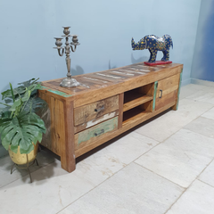 Handmade Indian Furniture Reclaimed Solid Wood Carved TV Unit With Drawers