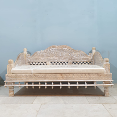 Handmade Indian Furniture Reclaimed Solid Wood Carved Daybed Sofa in Whitewash