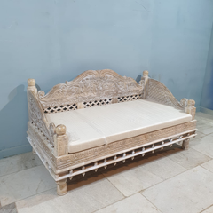 Handmade Indian Furniture Reclaimed Solid Wood Carved Daybed Sofa in Whitewash