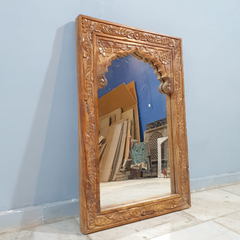 Handmade Indian Furniture Solid Hard Wood Mirror Frame Mehrab Carvings Walnut Color 60x90Cm