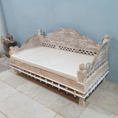 Handmade Indian Furniture Reclaimed Solid Wood Carved Daybed Sofa in Whitewash