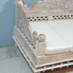 Handmade Indian Furniture Reclaimed Solid Wood Carved Daybed Sofa in Whitewash