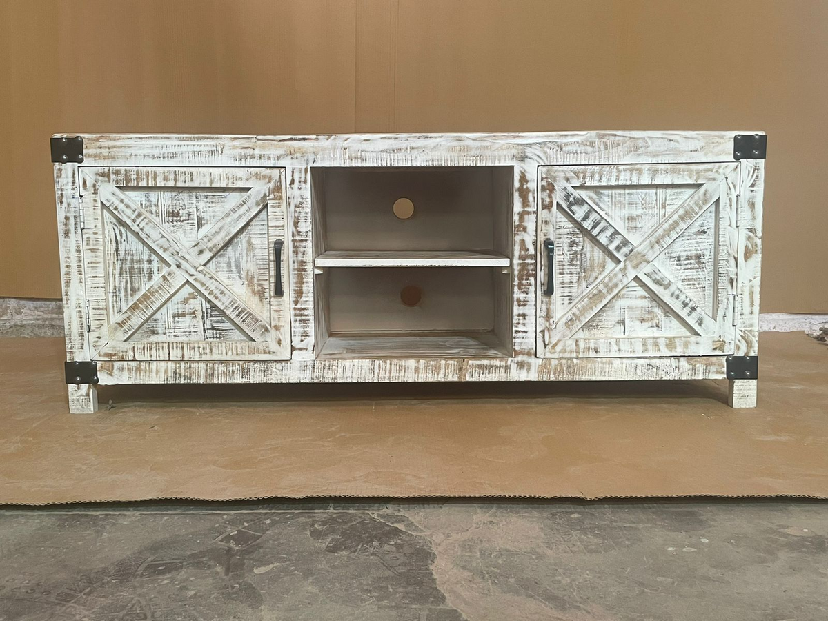 Indian Furniture Handmade Carved Solid Hard Wood 2 Doors Tv Unit Rustic White