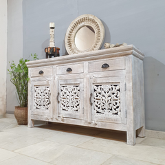 Indian Furniture Handmade Mango Wood Carving 3 Doors Drawers Sideboard Rustic white 150x40x100Cm