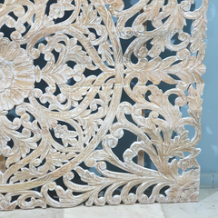 Handmade Indian Furniture Solid Mango Wood Floral Carvings Wall Panel Whitewash