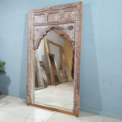 Handmade Indian Furniture Solid Mango Wood Large Arch Mirror Frame Rustic White 120x200Cm