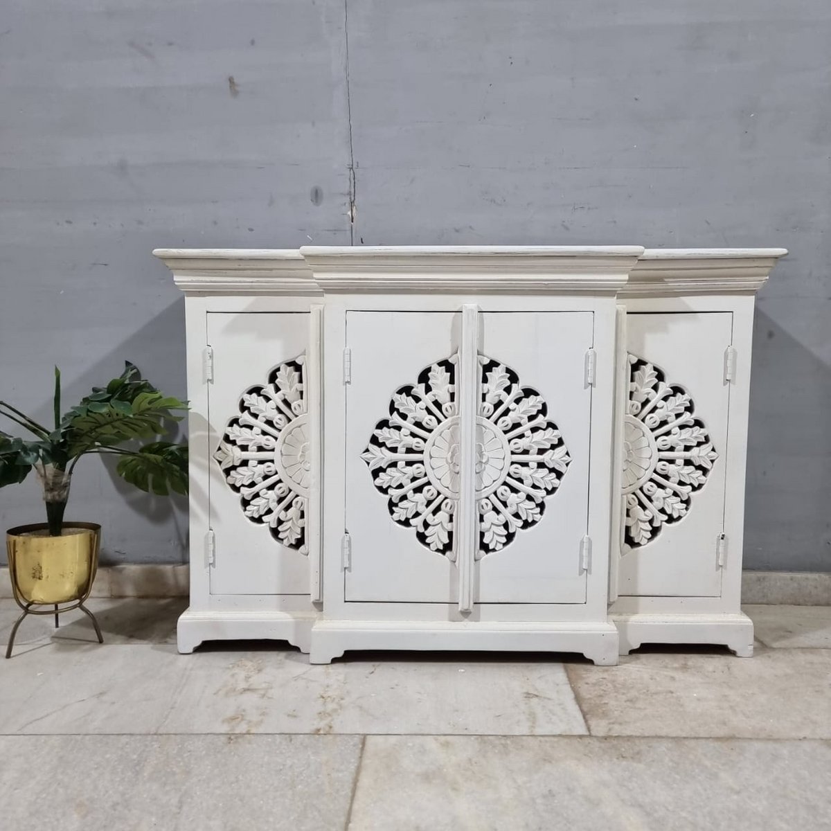 Indian Hand Carved Solid Wood Sideboard Moroccan Style Mango Buffet White 120x40x80cm