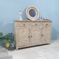 Handmade Carved Indian Furniture Mango Hard Wood 3 Drawers 3 Doors Sideboard Creamwash