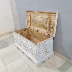 Medium Handcrafted Carved Indian Furniture Handmade Solid Wood Blanket Box in Whitewash 110x50x50cm