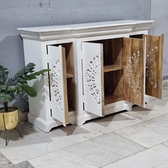 Indian Hand Carved Solid Wood Sideboard Moroccan Style Mango Buffet White 120x40x80cm