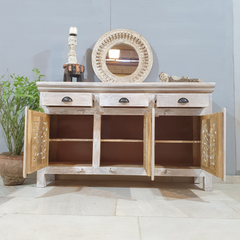 Indian Furniture Handmade Mango Wood Carving 3 Doors Drawers Sideboard Rustic white 150x40x100Cm