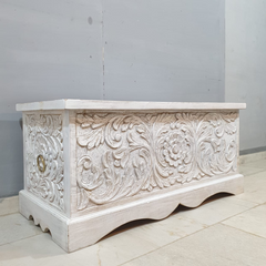 Medium Handcrafted Carved Indian Furniture Handmade Solid Wood Blanket Box in Whitewash 110x50x50cm