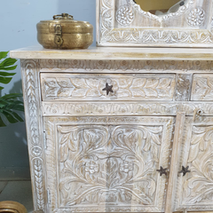 Handmade Indian Furniture Carved Solid Hard Wood 2 Door Cabinet All White