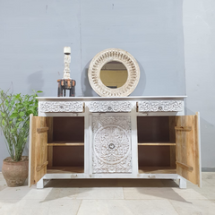 Indian Furniture Handmade Solid Wood Sideboard 3 Drawers &amp; 3 Doors Carved Whitewash