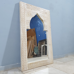 Handmade Indian Furniture Solid Hard Wood Mirror Frame Mehrab Carvings Whitewash 120x75Cm