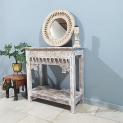 Handmade Indian Furniture Solid Hard Wood Carved Oriental Style Console table Rustic White 90x40x90Cm