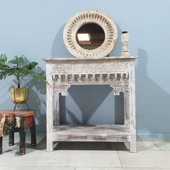 Handmade Indian Furniture Solid Hard Wood Carved Oriental Style Console table Rustic White 90x40x90Cm