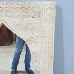 Handmade Indian Furniture Solid Hard Wood Mirror Frame Mehrab Carvings Whitewash 120x75Cm