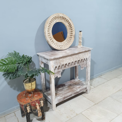 Handmade Indian Furniture Solid Hard Wood Carved Oriental Style Console table Rustic White 90x40x90Cm