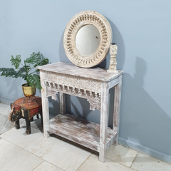 Handmade Indian Furniture Solid Hard Wood Carved Oriental Style Console table Rustic White 90x40x90Cm