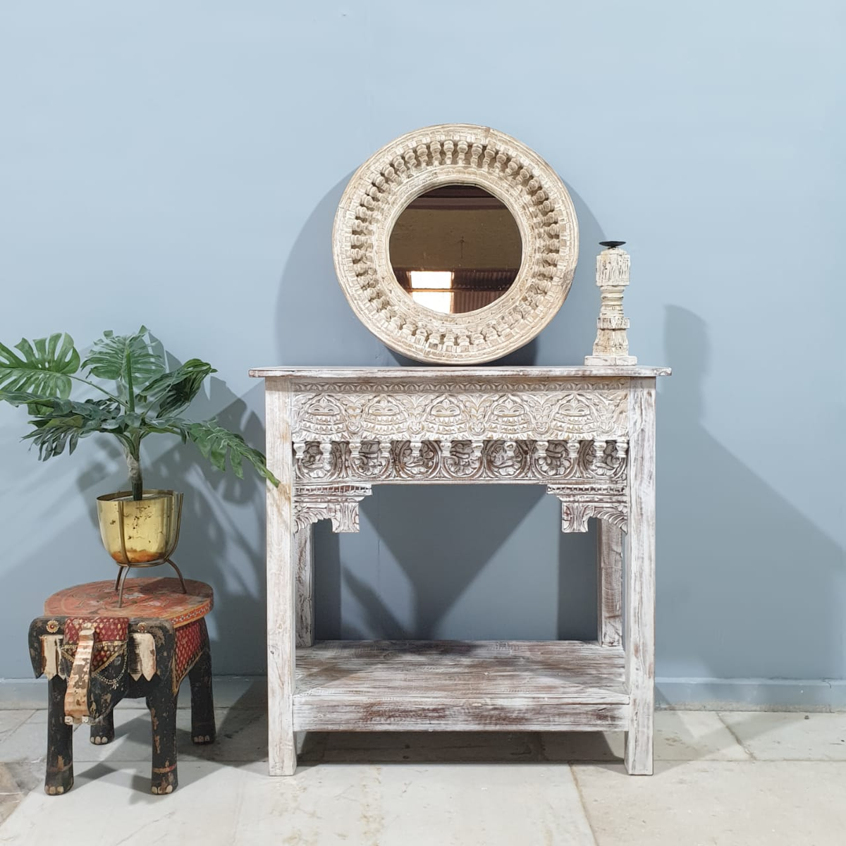 Handmade Indian Furniture Solid Hard Wood Carved Oriental Style Console table Rustic White 90x40x90Cm