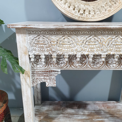 Handmade Indian Furniture Solid Hard Wood Carved Oriental Style Console table Rustic White 90x40x90Cm