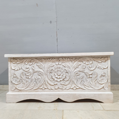 Medium Handcrafted Carved Indian Furniture Handmade Solid Wood Blanket Box in Whitewash 110x50x50cm