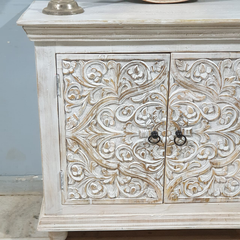 Handmade Indian Furniture Solid Mango Wood Floral Carvings 2 Door Cabinet Distresses White