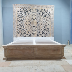 Handmade Carved Indian Furniture Wood king size bed Whitewash 183x203 cm