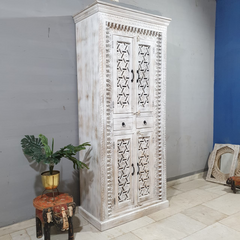 Handmade Indian Furniture Solid Hard Wood 4 Doors 2 Drawers Cabinet All White 100x50x220Cm