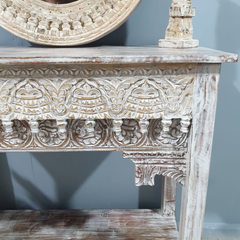 Handmade Indian Furniture Solid Hard Wood Carved Oriental Style Console table Rustic White 90x40x90Cm