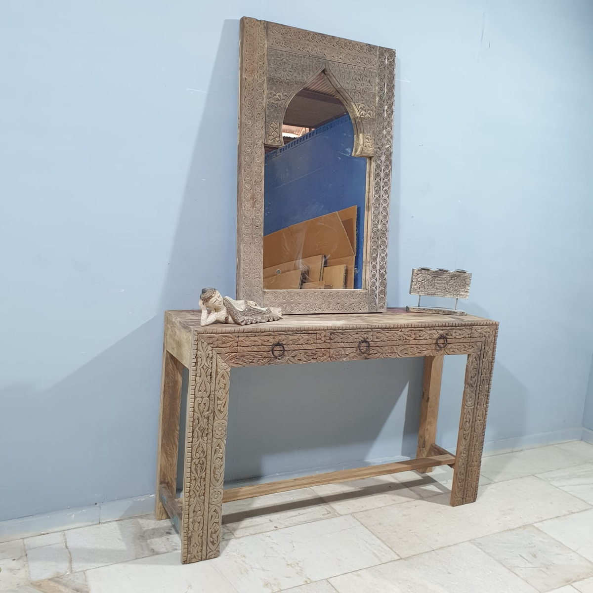 Handmade Indian Furniture Solid Hard Wood Carved 3 Drawers Console table Natural Timber 150x40x90Cm