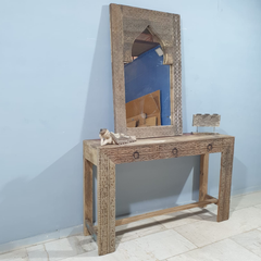 Handmade Indian Furniture Solid Hard Wood Carved 3 Drawers Console table Natural Timber 150x40x90Cm