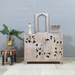 Indian Handmade Carved Solid Hard Wood Floral Design Sideboard Natural 100x40x80Cm