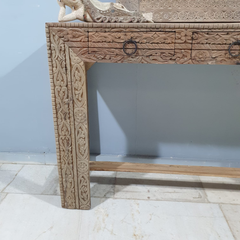 Handmade Indian Furniture Solid Hard Wood Carved 3 Drawers Console table Natural Timber 150x40x90Cm