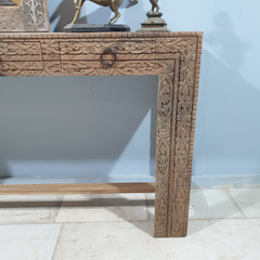 Handmade Indian Furniture Solid Hard Wood Carved 3 Drawers Console table Natural Timber 150x40x90Cm