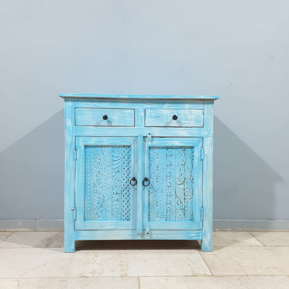 Handmade Indian Furniture Solid Hard Wood Carved 2 Doors and 2 Drawers Cabinet Blue 90x40x90Cm