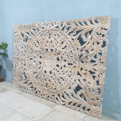 Handmade Indian Furniture Solid Mango Wood Floral Carvings Wall Panel Whitewash