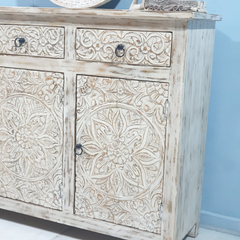 Handmade Carved Indian Furniture Mango Hard Wood 3 Drawers 3 Doors Sideboard Creamwash