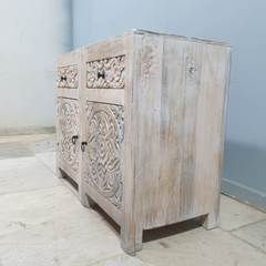 Handmade Indian Furniture Solid Hard Wood Floral Carvings Bedside Table Whitewash (Set 0f 2) 45x40x70Cm