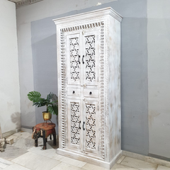 Handmade Indian Furniture Solid Hard Wood 4 Doors 2 Drawers Cabinet All White 100x50x220Cm