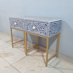 Bone Inlay Bullion Style Bedside Table in Blue Floral Pattern