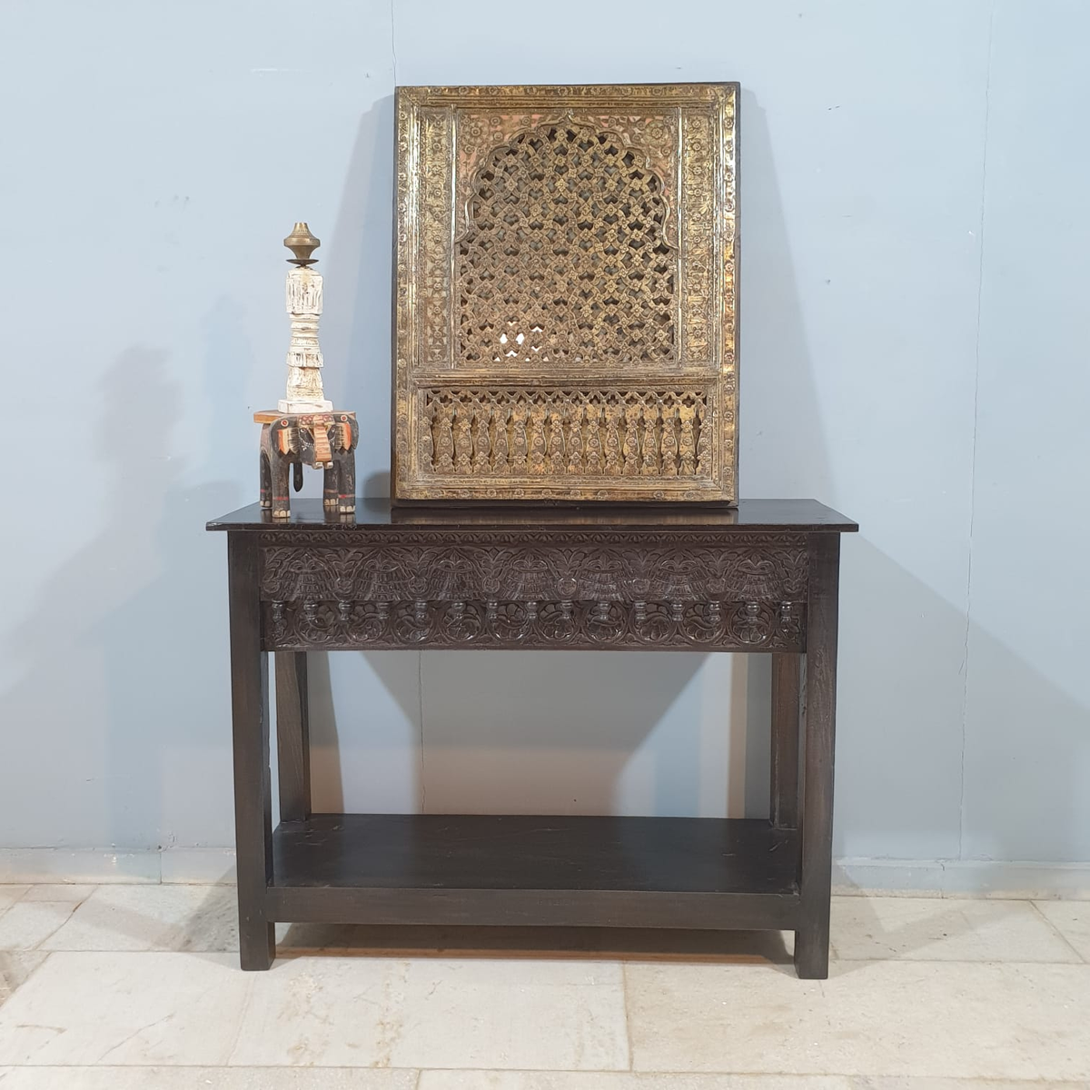 Handmade Indian Furniture Solid Hard Wood Carved Oriental Style Console table Dark Brown 120x40x90Cm