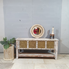 Handmade Indian Furniture Solid Hard Wood Carved Brass Work Console Table 165x40x80Cm