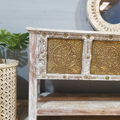 Handmade Indian Furniture Solid Hard Wood Carved Brass Work Console Table 165x40x80Cm