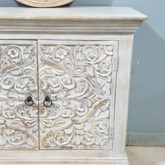 Handmade Indian Furniture Solid Mango Wood Floral Carvings 2 Door Cabinet Distresses White